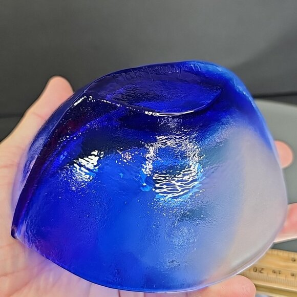Mats Jonasson Hand Blown Glass Cobalt Blue White Dish Bowl Signed Nautical Ship - Picture 12 of 15